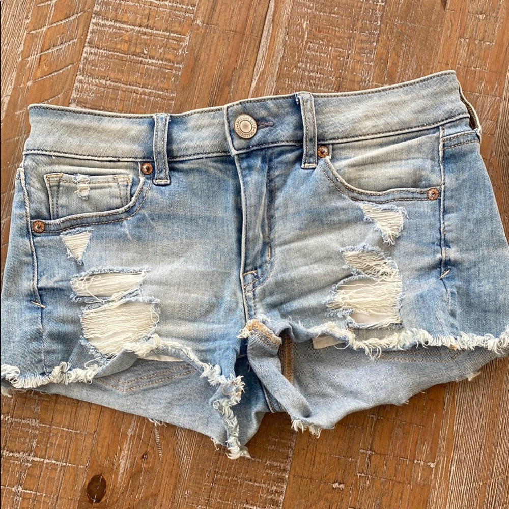 American Eagle Outfitters Blue Jean Shorts Distressed Frayed Hem